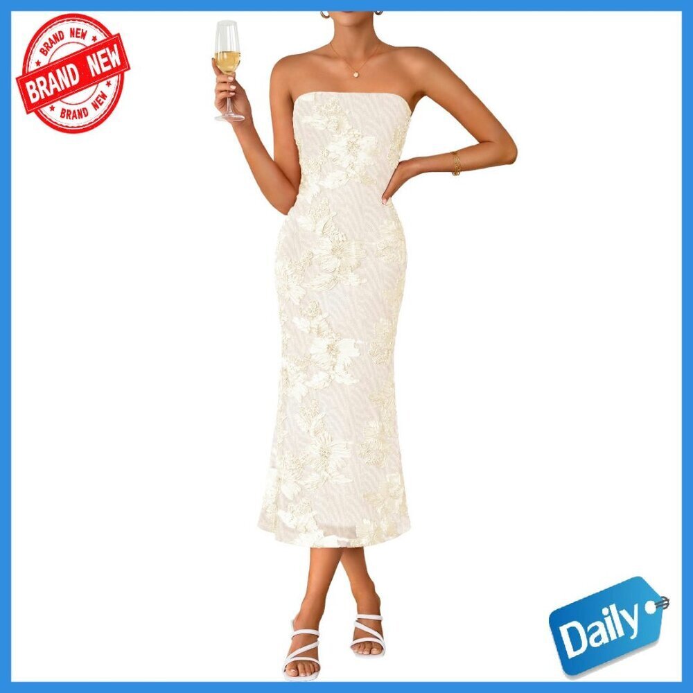 Strapless Floral Midi Dress Bodycon Mesh Formal Cocktail Party